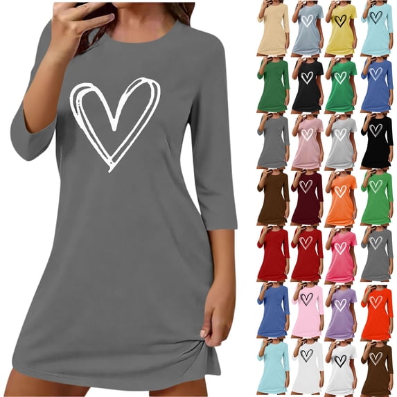 Summer Dresses for Women, Womens Sleep Shirt Printed Round Neck Long Sleeved Loose Mid Calf Nightgown