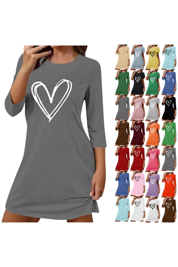 Summer Dresses for Women, Womens Sleep Shirt Printed Round Neck Long Sleeved Loose Mid Calf Nightgown
