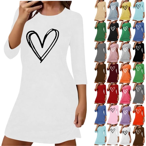 Summer Dresses for Women, Womens Sleep Shirt Printed Round Neck Long Sleeved Loose Mid Calf Nightgown