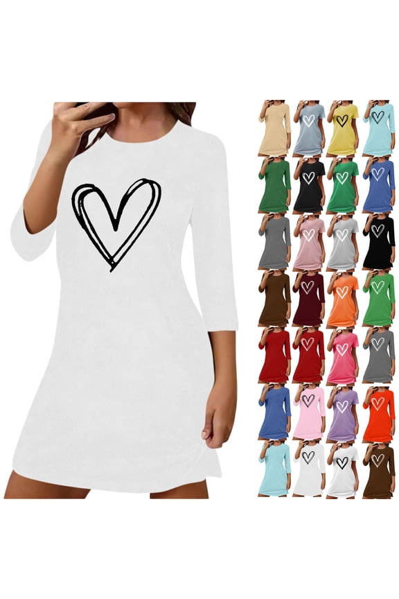 Summer Dresses for Women, Womens Sleep Shirt Printed Round Neck Long Sleeved Loose Mid Calf Nightgown