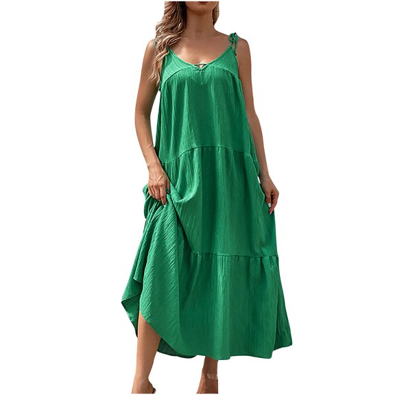 Summer Dresses for Womens 2024 Fashion Plus Size Solid Color Sexy V Neck Camisole Sleeveless Broken Flowers Solid Beach Belt Dress
