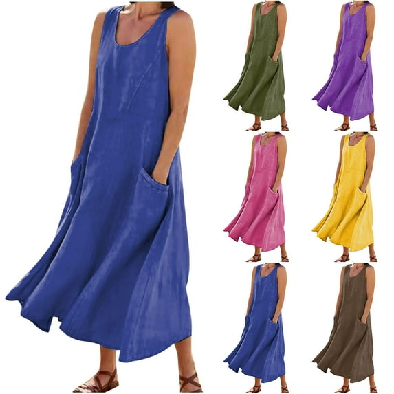 Summer Dresses for Womens 2025 Plus Size Fashion Bohemia Casual Solid Color Sleeveless Cotton Linen Long Dress