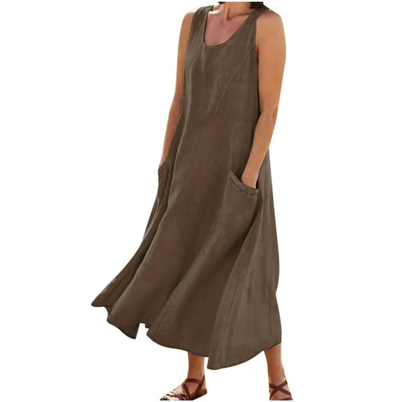 Summer Dresses for Womens 2025 Plus Size Fashion Bohemia Casual Solid Color Sleeveless Cotton Linen Long Dress