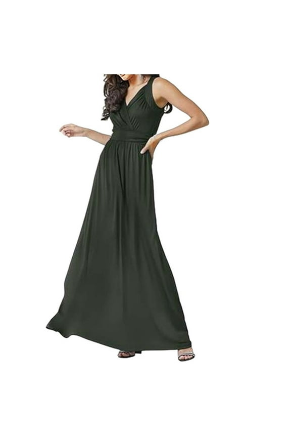 Summer Dresses for Womens 2025 Plus Size Fashion Bohemia Classic Solid V-Neck Sleeveless Waist Wrapped Evening Dress