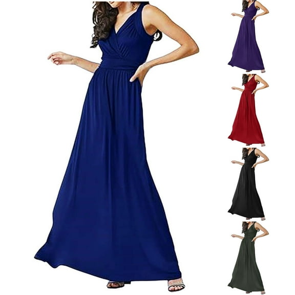 Summer Dresses for Womens 2025 Plus Size Fashion Bohemia Classic Solid V-Neck Sleeveless Waist Wrapped Evening Dress
