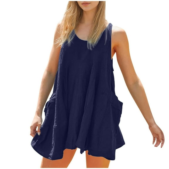 Summer Dresses for Womens 2025 Plus Size Fashion Bohemia Sexy Solid Color Pocket Backless Sleeveless Round-Neck Dress