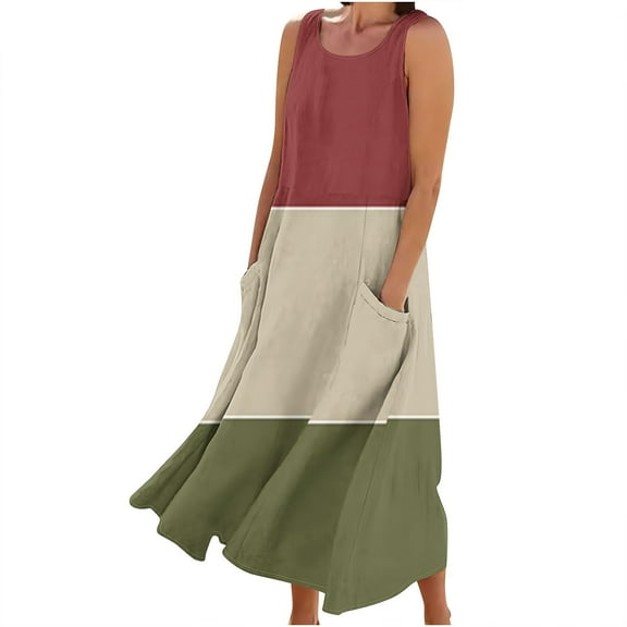 Summer Dresses for Womens 2025 Plus Size Fashion Bohemia Sleeveless And Linen Round Neck Printed Long Dress