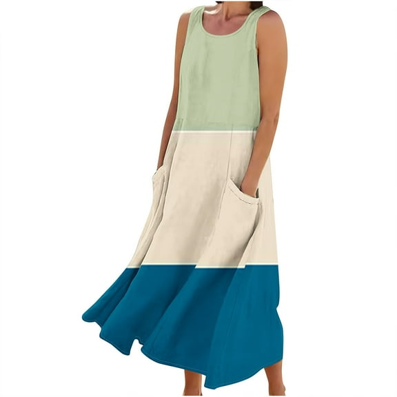 Summer Dresses for Womens 2025 Plus Size Fashion Bohemia Sleeveless And Linen Round Neck Printed Long Dress