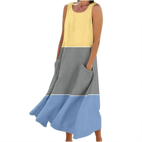 Summer Dresses for Womens 2025 Plus Size Fashion Bohemia Sleeveless And Linen Round Neck Printed Long Dress