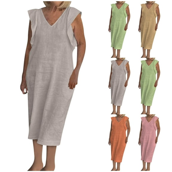 Summer Dresses for Womens 2025 Plus Size Fashion Bohemia Sleeveless V-Neck Solid Color Flying Sleeve Long Dress