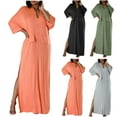 thumbnail image 1 of Summer Dresses for Womens 2025 Plus Size Fashion Fall Solid Color Short Sleeved V-Neck Slit Loose Dress Without Pockets, 1 of 9