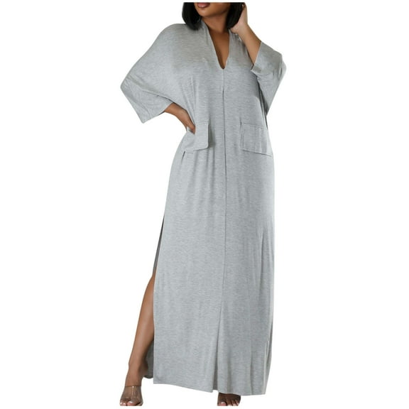 Summer Dresses for Womens 2025 Plus Size Fashion Fall Solid Color Short Sleeved V-Neck Slit Loose Dress Without Pockets
