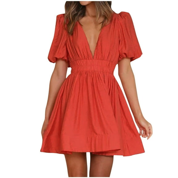 Summer Dresses for Womens 2025 Plus Size Fashion Leisure Solid Wrinkles Mid-Rise Short Sleeve V-Neck Dress