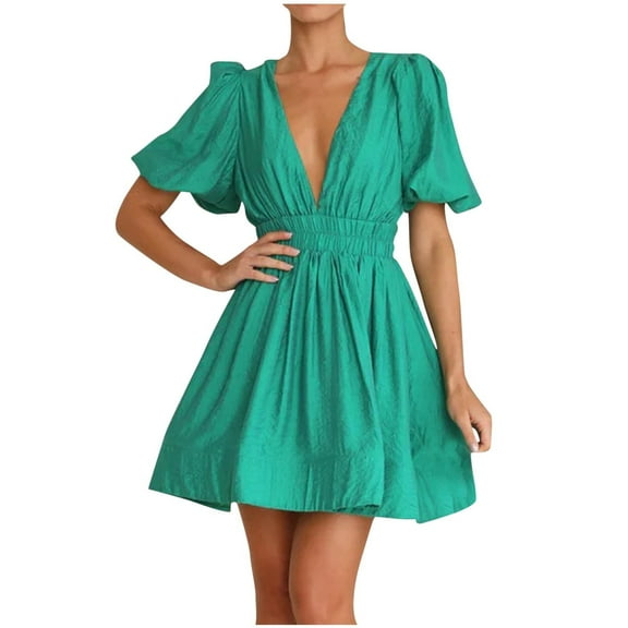 Summer Dresses for Womens 2025 Plus Size Fashion Leisure Solid Wrinkles Mid-Rise Short Sleeve V-Neck Dress