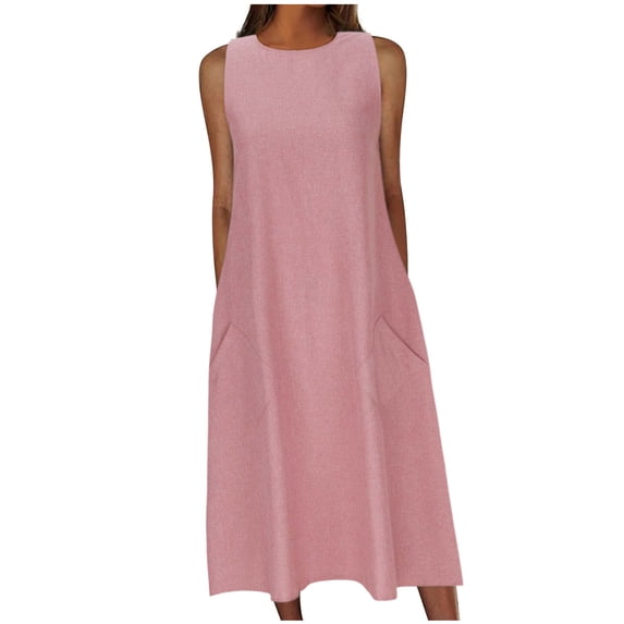 Summer Dresses for Womens 2025 Plus Size Fashion Loose And Comfortable Solid Color Pocket Sleeveless Round Neck Dress