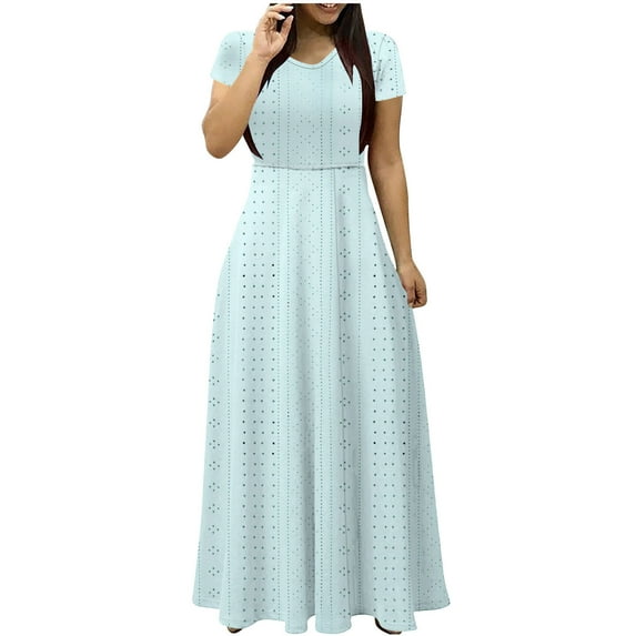 Summer Dresses for Womens 2025 Plus Size Fashion Solid Color Short Sleeved V-neck Waistband Long Dress Up to 65% off!