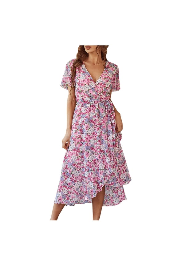 Summer Dresses for Womens 2025 Plus Size Fashion Spring V-Neck Printing Short Sleeve Casual Loose Dress