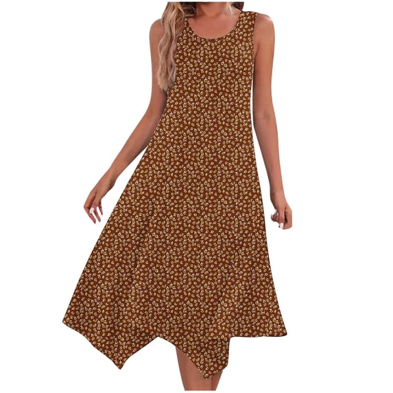 Summer Dresses for Womens 2026 Plus Size Fashion Print Sleeveless Pocket Irregular Hem Round Neck Dress
