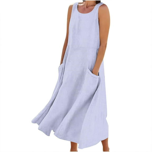 Summer Dresses for Womens 2026 Plus Size Fashion Sleeveless Cotton And Linen Round Neck Solid Color Long Dress With Pocket