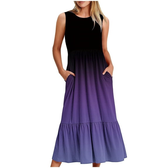 Summer Dresses for Womens 2026 Plus Size Fashion Sleeveless Pocket Round Neck Printing Loose Long Dress