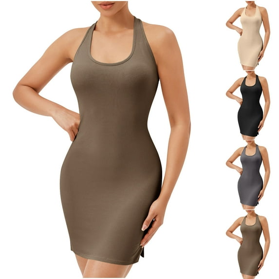 Summer Dresses for Womens 2026 Plus Size Fashion Solid Color Sleeveless Tight Fitting Casual Sports Dress With Chest Cushion