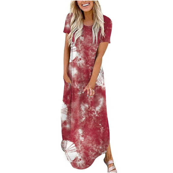 Summer Dresses for Womens Tie Dye Print Sundress Casual Loose Beach Maxi Long Dress Split Pockets Sleeveless Dress