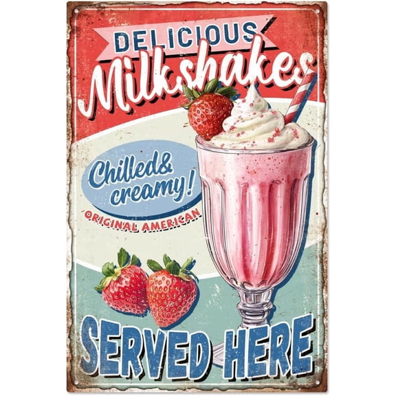 Summer Drink Milkshakes Metal Tin Sign 7.8x11.8 Inch Funny Retro Dessert Shop Cafe Pubs Home Tin Sign Vintage DELICIOUS Milkshakes SERVED HERE Wall Art Poster Plaque Decor DIY