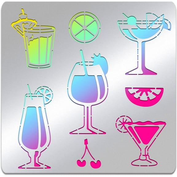 Summer Drink Stainless Steel Stencil Various Styles Hawaiian Lemon Cocktail Cup Patterns Metal Journal Template for Wood Burning Engraving Painting Scrapbooking 6x6 inch