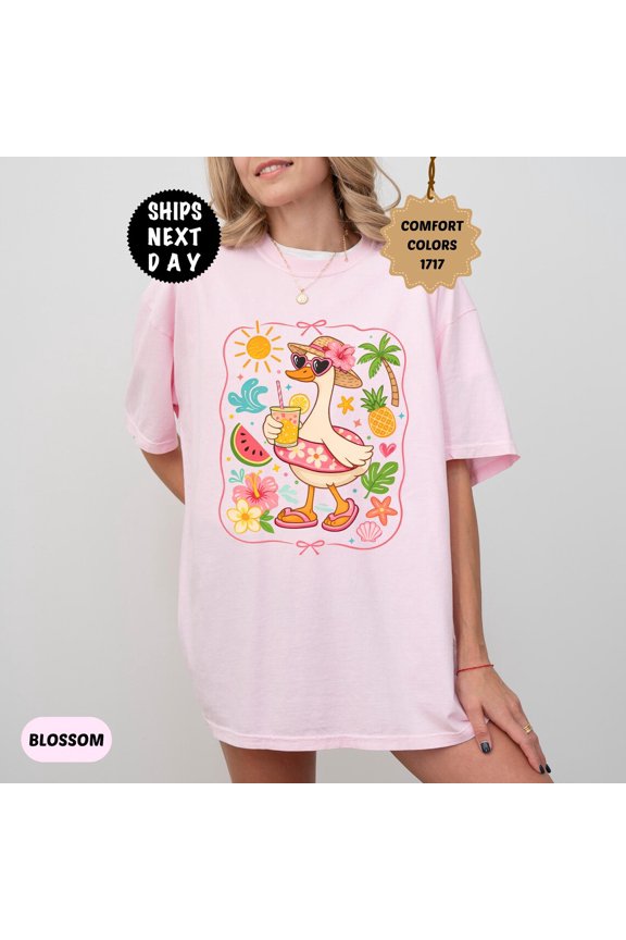 Summer Duck Tropical Beach Cocktail Graphic Vacation T-Shirt All Size S-3XL