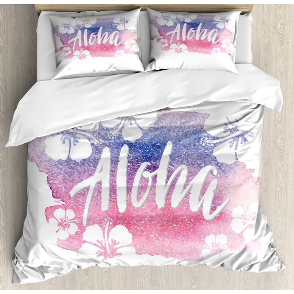Summer Duvet Cover Set, Aloha Calligraphy in Grunge Textured Hibiscus Flowers Watercolour Tones, Decorative 3 Piece Bedding Set with 2 Pillow Shams, Queen Size, Blue Violet Pink White, by Ambesonne