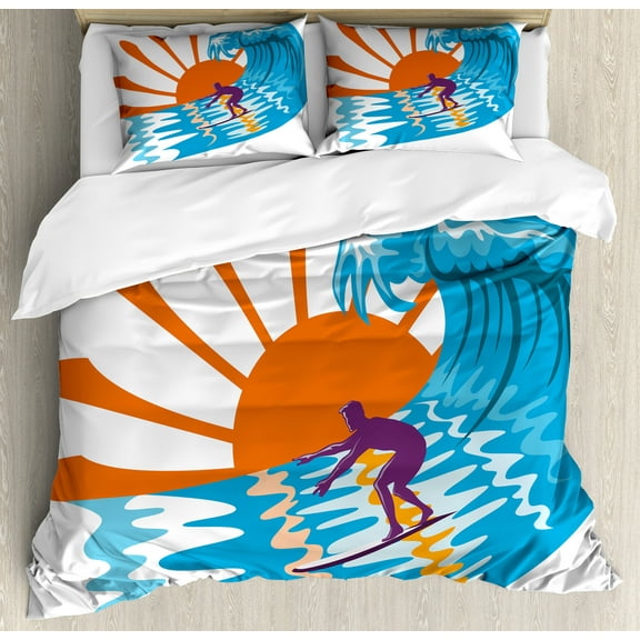 Summer Duvet Cover Set, Beach Theme Hot Vibes Surfing Sport Sea Ocean Waves Sun Image Poster, Decorative 3 Piece Bedding Set with 2 Pillow Shams, Calking Size, Sky Blue Orange, by Ambesonne