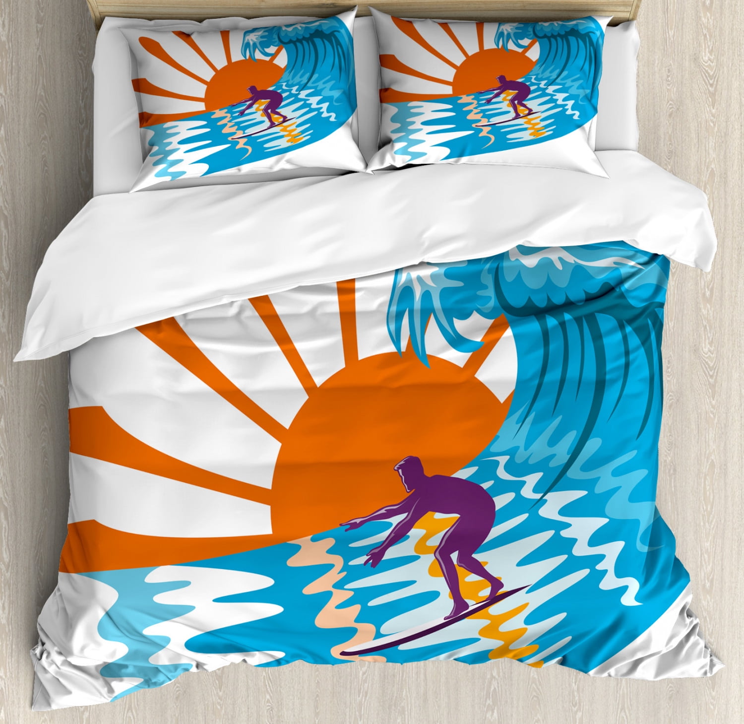Sky Blue and Orange Surfing Queen Duvet Cover Set