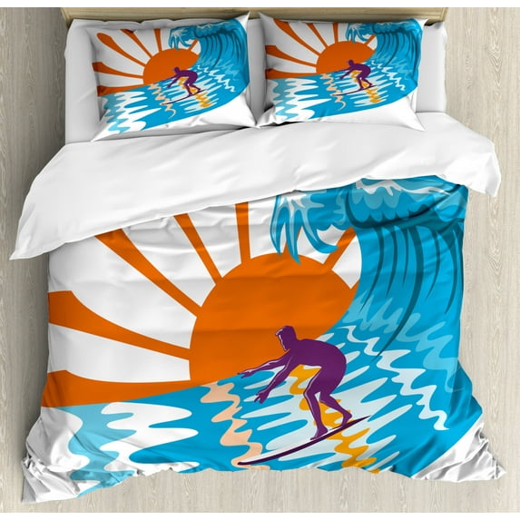 Summer Duvet Cover Set, Beach Theme Hot Vibes Surfing Sport Sea Ocean Waves Sun Image Poster, Decorative 3 Piece Bedding Set with 2 Pillow Shams, Queen Size, Sky Blue Orange, by Ambesonne