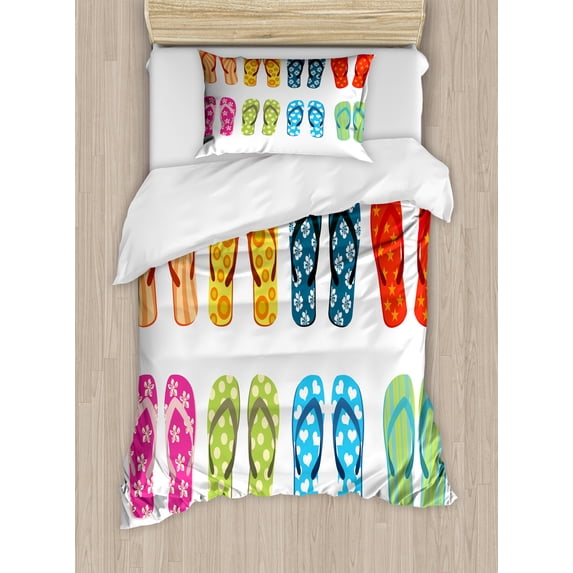 Summer Duvet Cover Set, Holiday Themed Slippers with Hearts Dots and Stars Pattern Cartoon Illustration, Decorative 2 Piece Bedding Set with 1 Pillow Shams, Twin Size, Multicolor, by Ambesonne