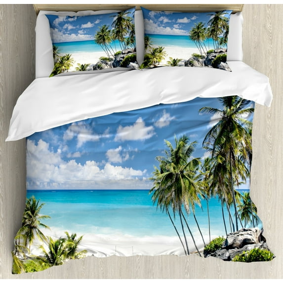 Summer Duvet Cover Set King Size, Bottom Bay Barbados Beach Tropical Palms Ocean Holiday Paradise Coast Charm Picture, Decorative 3 Piece Bedding Set with 2 Pillow Shams, Multicolor, by Ambesonne
