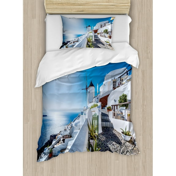 Summer Duvet Cover Set, Oia Village in Santorini Island Greece with Aegean Sea Scenery Image, Decorative 2 Piece Bedding Set with 1 Pillow Shams, Twin Size, Blue and White, by Ambesonne