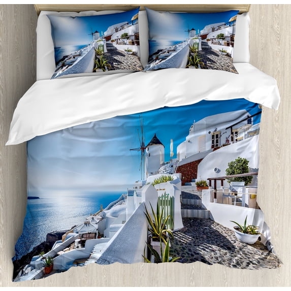 Summer Duvet Cover Set, Oia Village in Santorini Island Greece with Aegean Sea Scenery Image, Decorative 3 Piece Bedding Set with 2 Pillow Shams, Queen Size, Blue and White, by Ambesonne