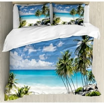 Summer Duvet Cover Set Queen Size, Bottom Bay Barbados Beach Tropical Palms Ocean Holiday Paradise Coast Charm Picture, Decorative 3 Piece Bedding Set with 2 Pillow Shams, Multicolor, by Ambesonne