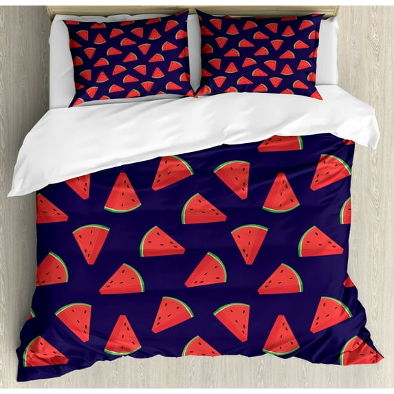 Summer Duvet Cover Set Queen Size, Delicious Watermelon Slices Beach Freshness Exotic Fruits Eat Graphic, Decorative 3 Piece Bedding Set with 2 Pillow Shams, Dark Coral Green Indigo, by Ambesonne