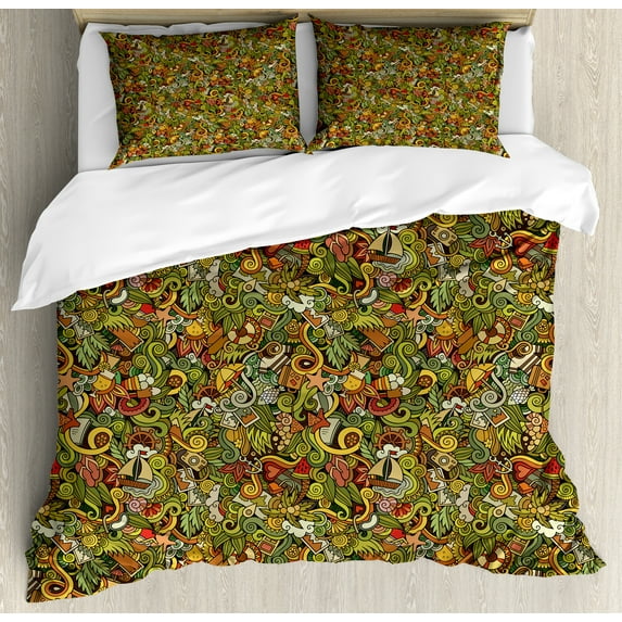 Summer Duvet Cover Set, Seasonal Theme Ornamented with Repeated Marine and Floral Motifs, Decorative 3 Piece Bedding Set with 2 Pillow Shams, King Size, Dark Cocoa and Multicolor, by Ambesonne