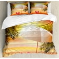 thumbnail image 1 of Summer Duvet Cover Set, Sunset at the Beach Flip Flops Umbrella and Palm Trees Illustration, Decorative 3 Piece Bedding Set with 2 Pillow Shams, Queen Size, Orange and Yellow, by Ambesonne, 1 of 2