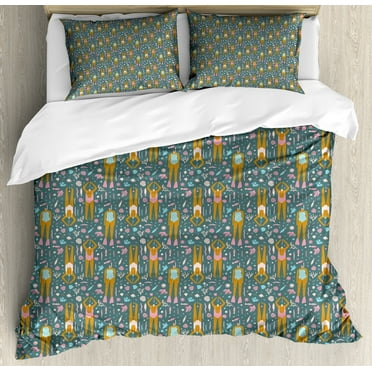 Summer Duvet Cover Set, Swimmer Women in Ocean Coral Reef Beach Sunbathing Fun Illustration, Decorative 3 Piece Bedding Set with 2 Pillow Shams, Calking Size, Ginger Pink and Cadet Blue, by Ambesonne