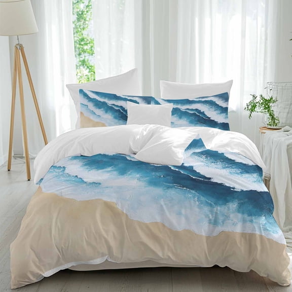 Summer Duvet Cover Set Twin Size, Abstract Gradient Blue Waves Coastal Beach 4 Piece Soft Microfiber Bedding Set with 1 Duvet Cover, 1 Flat Sheet, 2 Pillowcases