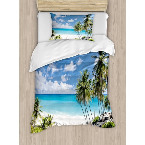 Summer Duvet Cover Set Twin Size, Bottom Bay Barbados Beach Tropical Palms Ocean Holiday Paradise Coast Charm Picture, Decorative 2 Piece Bedding Set with 1 Pillow Sham, Multicolor, by Ambesonne
