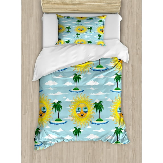 Summer Duvet Cover Set, Vacation Sun Wears Sunglasses Beach Tropical Island with Palm Trees, Decorative 2 Piece Bedding Set with 1 Pillow Shams, Twin Size, Pale Blue Yellow and Green, by Ambesonne