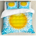 thumbnail image 1 of Summer Duvet Cover Set, Vivid Sun Pattern over Blue Waves Vacation Themed Holiday Joy Ocean Illustration, Decorative 3 Piece Bedding Set with 2 Pillow Shams, King Size, Earth Yellow, by Ambesonne, 1 of 3