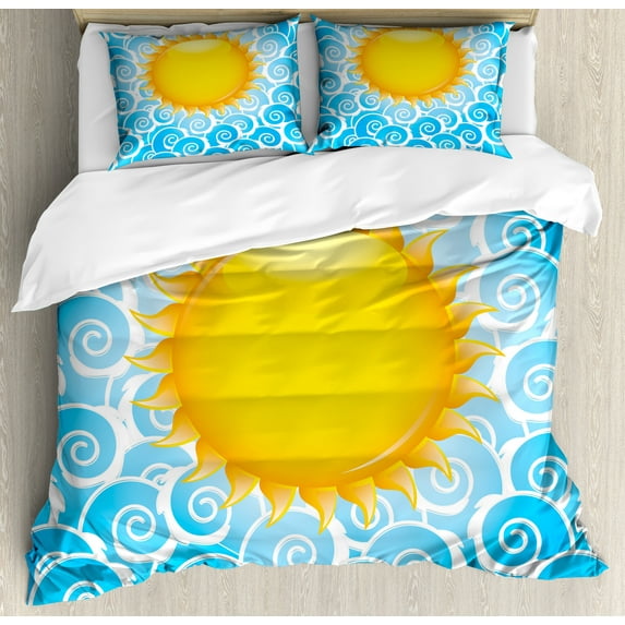 Summer Duvet Cover Set, Vivid Sun Pattern over Blue Waves Vacation Themed Holiday Joy Ocean Illustration, Decorative 3 Piece Bedding Set with 2 Pillow Shams, King Size, Earth Yellow, by Ambesonne