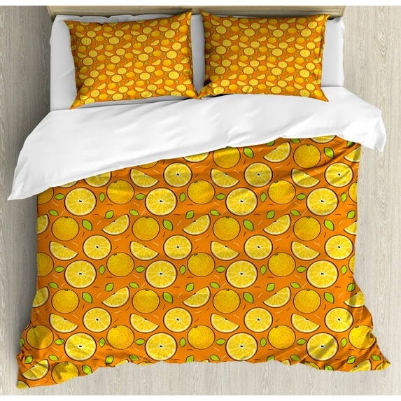 Summer Duvet Cover Sets, Vitamin Fruits Clementine Slices Eat Oranges Food Fresh Harvest Juice Print, Bedding Set 2 Duvet Covers & 4 Pillowcases, 2 Pack Cal King Size, Marigold and Green, by Ambesonne