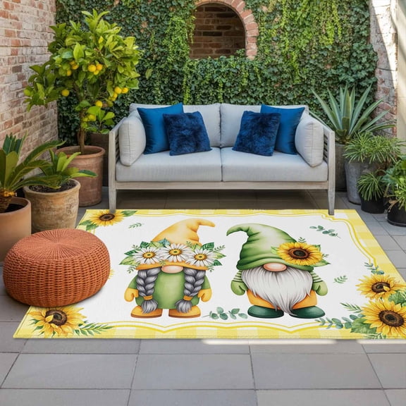 Summer Dwarfs Indoor Outdoor Rugs 3x5 Ft, Sunflower Daisy Yellow Plaid Field Plant Outdoor Patio Rugs Mat Washable Outside Area Rugs Carpet for Porch Deck RV Camping Pool Balcony Backyard