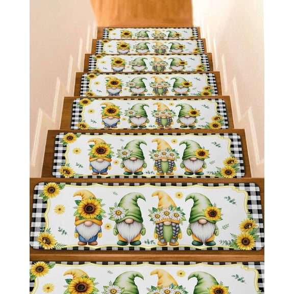 Summer Dwarfs Stair Treads Yellow Sunflower Daisy Black Plaid Field Indoor Non Slip Peel and Stick Stair Treads for Wooden Steps 15 PCS, Soft Adhesive Staircase Mats Runner Rugs 8"x30"